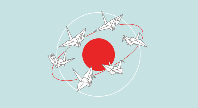 Cranes flying around red circle.