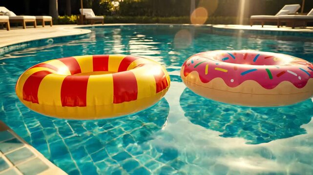 Swimming pool with red and yellow inflatable ring float in water. Inflatable donut ring, Summer vacation concept