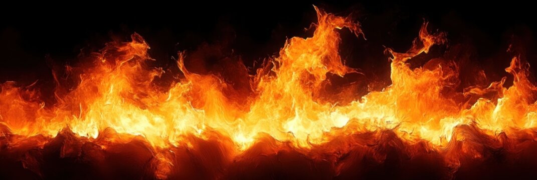 intense horizontal wall of bright orange and yellow flames on a black background, roaring with heat and danger