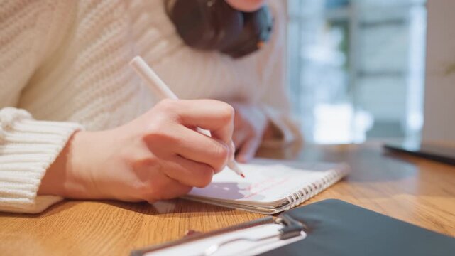 Close up hands writing in notebook inside cozy cafe, soft sunlight across wooden table, sweater sleeve visible, pen gliding on paper, clipboard nearby, focused planning and quiet journaling atmosphere