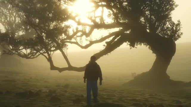 A man stands alone, observing a majestic ancient tree in a mystical, foggy morning landscape. Fanal Forest, Madeira, Portugal