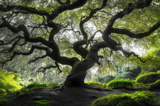 Gnarled ancient tree with twisting branches and mossy roots beneath a glowing green canopy, a tranquil and mystical woodland scene