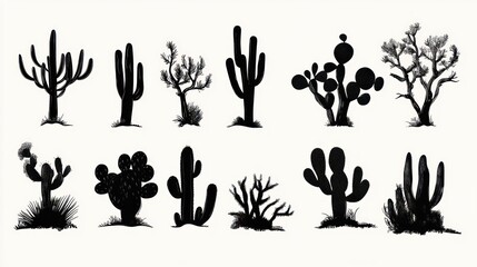 Fototapeta premium twelve black cactus and desert plant silhouettes arranged in two rows on a light background, minimalist calm botanical graphic