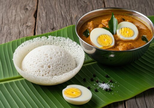Traditional bowl of spicy curry served with a steamed rice pancake on a banana leaf.