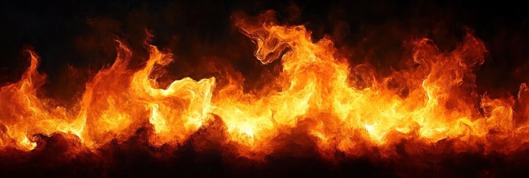 roaring orange and yellow flames forming a continuous fire wall against a dark background, intense heat and fierce energy