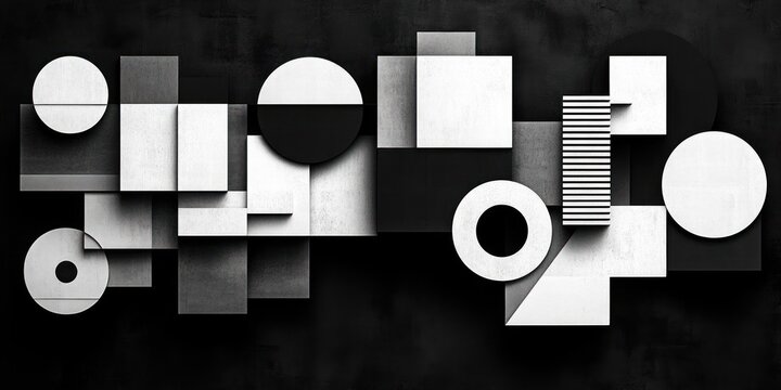 Black and white abstract composition of overlapping textured circles, semicircles, squares and rectangles with a striped block, deep shadows and a calm contemplative mood