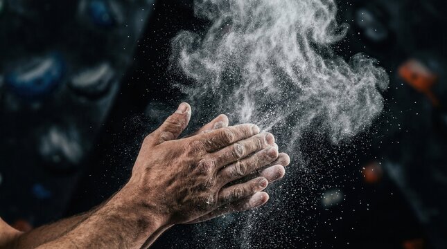 Macro shot of rock climber hands clapping creating white chalk dust cloud