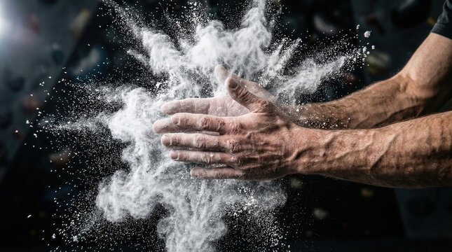 Macro shot of rock climber hands clapping creating white chalk dust cloud