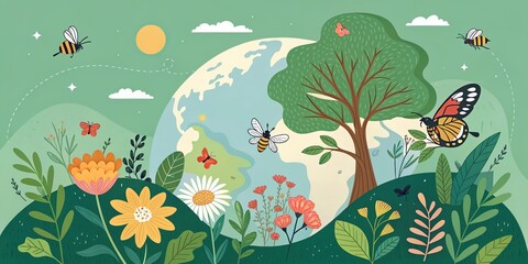 Obraz premium International Day for Biological Diversity nature landscape banner with plants butterflies