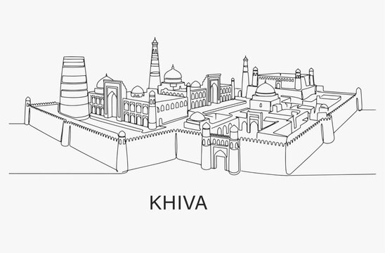 Flat Design one line without breaking the Khiva city.