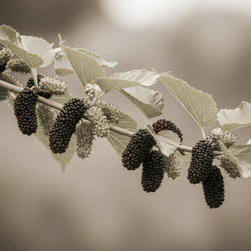 Closeup of ripe mulberries on a branch capturing natures bounty.
