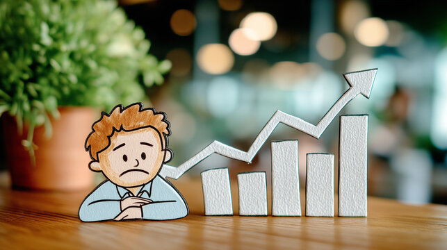 The Unseen Obstacle: A dejected cartoon man observes a rising financial graph, revealing an intriguing tale of contrasting emotions.