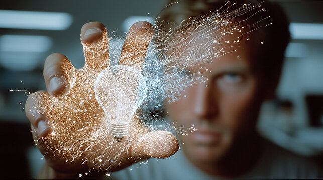 Illuminating Innovation: A focused individual extends a hand, unveiling a glowing lightbulb, embodying the spark of ingenuity, knowledge, and creative breakthroughs.