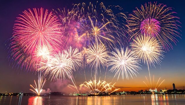 Vibrant fireworks exploding over serene water at dusk
