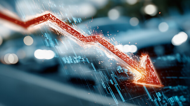 Financial Downturn: A vibrant red arrow sharply points downward, visually conveying the concept of economic decline, set against a blurred backdrop symbolizing market volatility.
