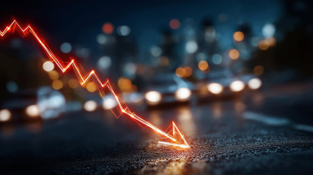 Economic Downturn: A symbolic depiction of financial decline, with a striking red arrow plunging downwards, set against a blurred city backdrop.