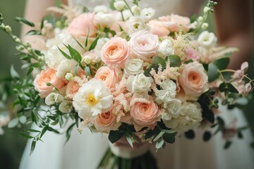 Obraz premium bride holding romantic pastel bouquet of peach and white roses, ranunculus, peonies and delicate greenery tied with soft ribbon, elegant and dreamy