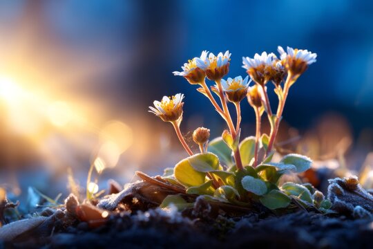 Rare Saussurea Blossoms Emerging from Frosted Alpine Ground in Early Morning Light