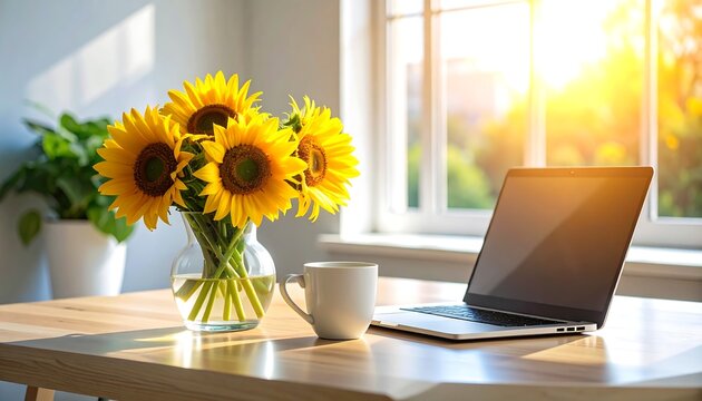 Modern laptop on a wooden desk with a white coffee mug and a vase of sunflowers by a sunlit window