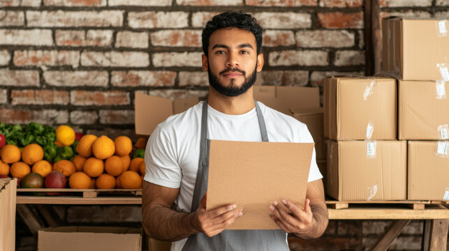 man wearing an apron holds a cardboard box in a warehouse filled with stacked boxes and fresh oranges on shelves against a brick wall.