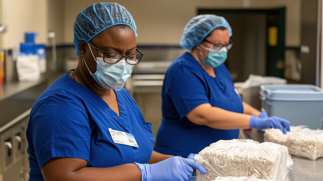 Two healthcare workers in blue scrubs, masks, and hairnets handle packaged medical supplies in a sterile environment.