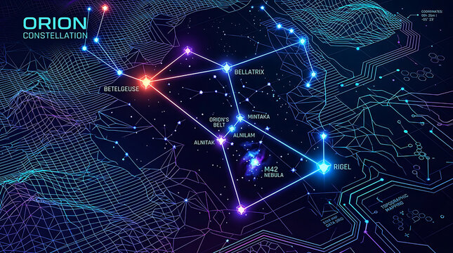Futuristic Digital Orion Constellation Map and HUD Interface