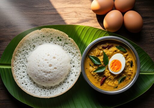 Traditional meal consisting of a bowl of curry with an egg and a bowl-shaped fermented rice pancake served on a banana leaf.