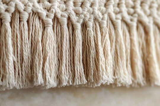 close-up of beige cotton macrame fringe with knotted weave and soft tassels conveying cozy handmade warmth