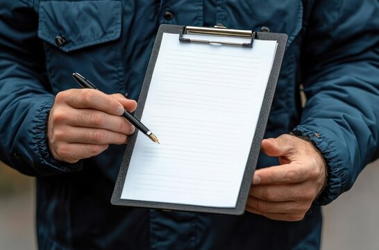 person in blue jacket holding clipboard with blank lined paper and pointing pen, making an expectant instructive gesture requesting a signature or note