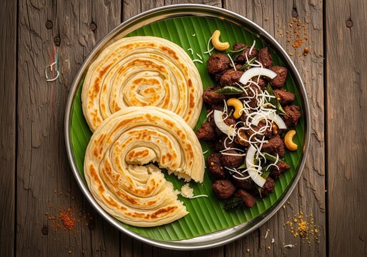 Traditional South Indian meal featuring flaky parotta bread served with spicy meat curry on a banana leaf.