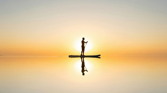 Silhouette of a man paddleboarding on calm water at sunset with a beautiful golden sky.
