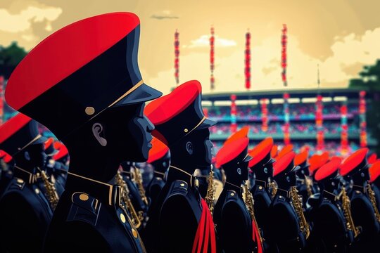 Row of uniformed marching band members in red peaked caps and dark uniforms, holding brass instruments in a solemn disciplined formation before a stadium
