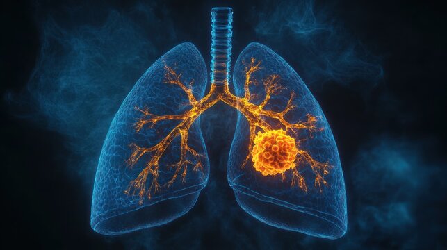 transparent blue lungs with glowing orange bronchial tree and a fiery tumor mass in one lung, dramatic medical visualization conveying alarm and urgency