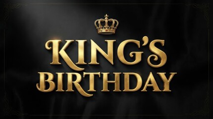 King's Birthday elegant gold lettering on black silk background, royal celebration typography with golden crown, luxury event greeting card