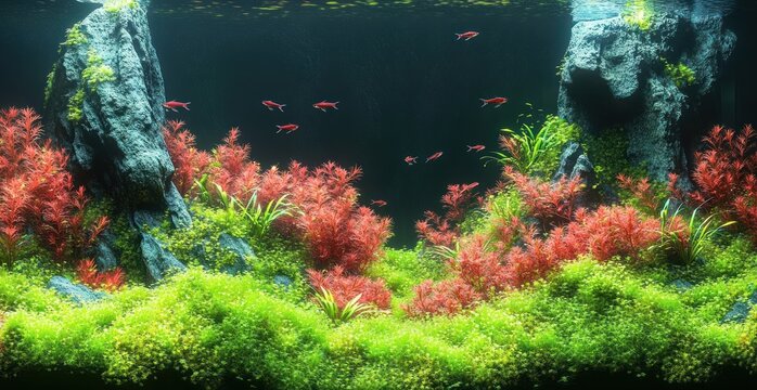 serene planted aquarium with lush green moss carpet, red aquatic plants, rocky formations and a small school of red fish