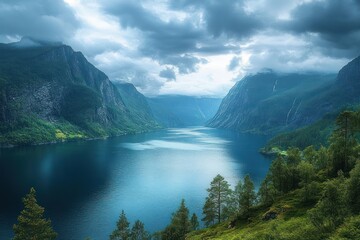 Fototapeta premium Majestic tranquil fjord framed by steep forested cliffs, calm deep blue water, dramatic cloudy sky and verdant pine-covered slopes