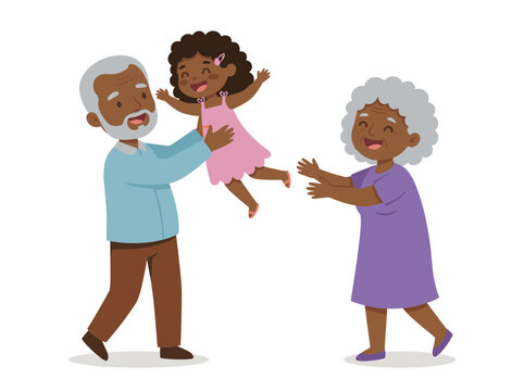 Elderly man lifts cheerful young girl, smiling grandmother nearby, joyful family bonding, multigenerational happiness, warm embrace, pink dress, gray hair, casual attire, isolated white background