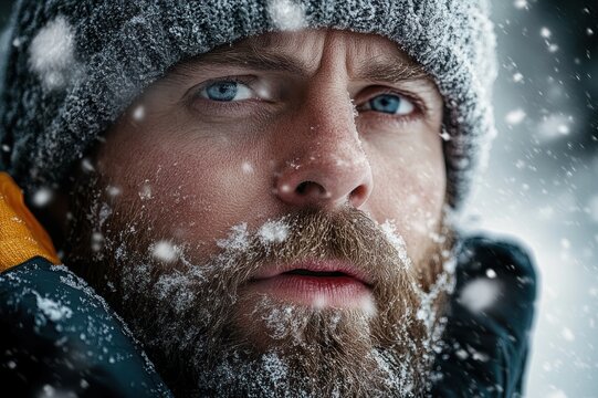 close-up portrait of a bearded man wearing a knit hat and winter coat, frost on his beard and snowflakes falling, piercing blue eyes and a resolute intense expression