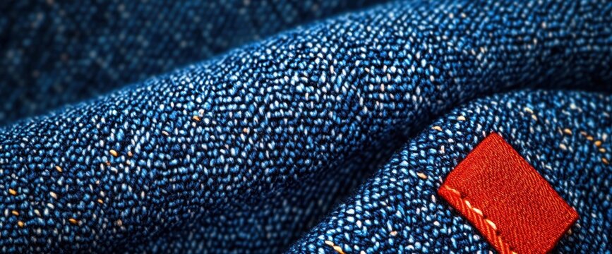 close-up of folded blue denim fabric with visible weave, orange stitching and small red fabric label conveying tactile warmth and rugged comfort