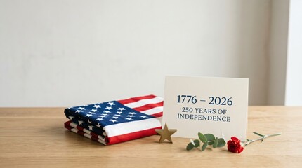 Fototapeta premium US Semiquincentennial Celebration Card with American Flag and Red Carnation on Wooden Table
