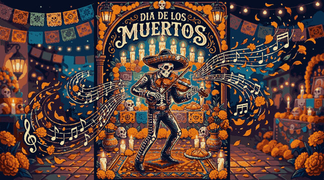 Vibrant day of the dead vector art with skeleton mariachi musician playing guitar amidst festive mexican celebration decorations and marigolds
