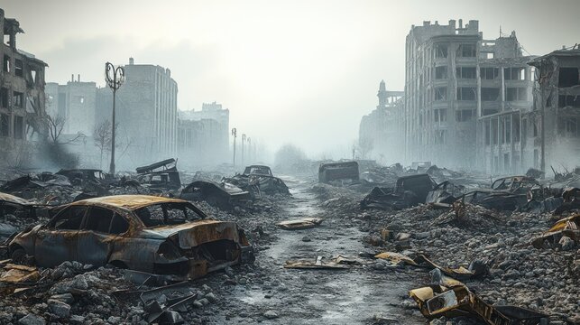 Desolate war-torn city street with burned-out cars and rubble, crumbling buildings shrouded in fog and bleak silence
