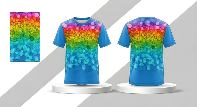 Sublimation t-shirt design featuring colorful rainbow bubble pattern with blue base fabric.