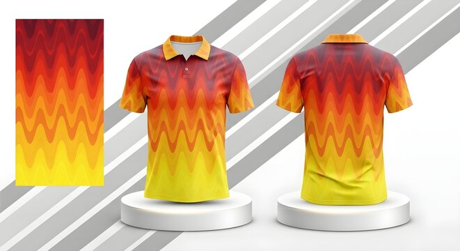Orange yellow red wavy zig zag pattern short sleeve polo shirt front and back.