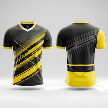 Black and yellow graphic t-shirt design front and back view.