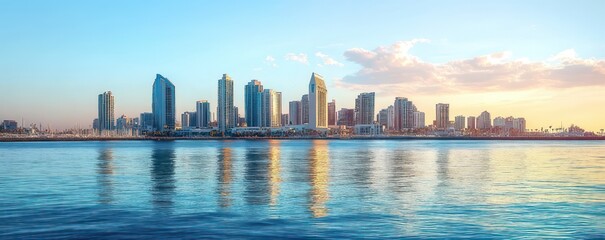 Fototapeta premium Modern coastal city skyline of glass skyscrapers reflected in calm blue water at golden hour with pastel sky and soft clouds, serene mood
