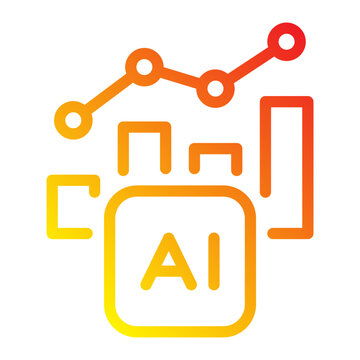 An illustration of artificial intelligence with AI text, bar graph, and line chart, featuring a yellow and orange gradient