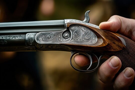 close-up of ornate double-barrel shotgun with engraved metal and polished wooden stock held in a hand, finger near trigger conveying tension and anticipation