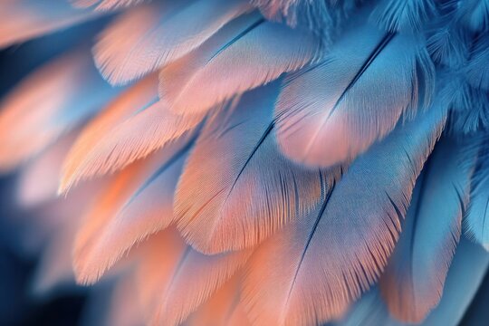 close-up of soft layered blue and peach bird feathers, delicate fine filaments and gradient lighting, dreamy serene mood