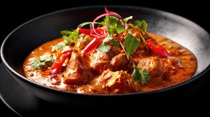 Fototapeta premium Savory Chicken Curry Dish with Fresh Herbs and Spices Served in a Black Bowl on a Dark Background